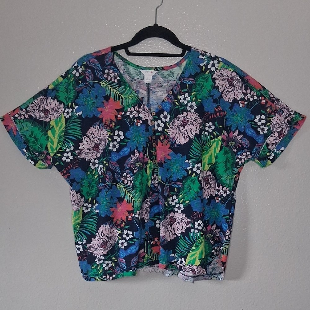 Intro Love Colorful Blouse Tropic Tunic Top Floral Dolman Short Sleeve V-Neck L